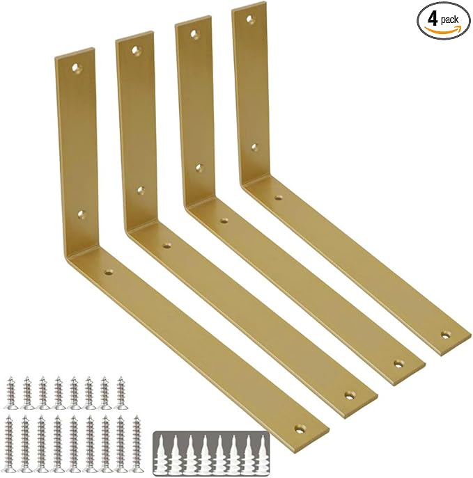 Shelf Brackets 12 Inch Wall L Brackets 4PCS Heavy Duty for Shelves Metal Gold Rustic Industrial Brackets for DIY Opening Shelves Project Hardware Included