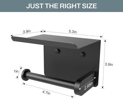 SetSail Toilet Paper Holder with Shelf Adhesive or Screw-in Bathroom Toilet Paper Roll Holders Wall Mount Matte Black Tissue Holder for Bathroom Hardware Accessories, 2 Packs