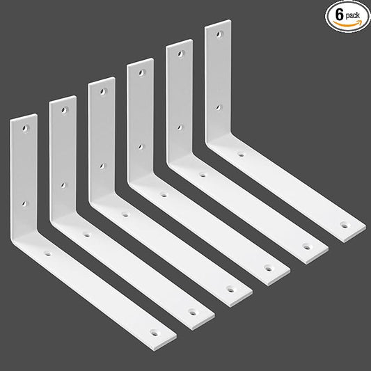 WINKER Shelf Bracket 6 Pack 8" Lx8 Hx1.5 W 5mm Thick Heavy Duty White 8 Inch Metal Iron L Brackets for Wall Shelves