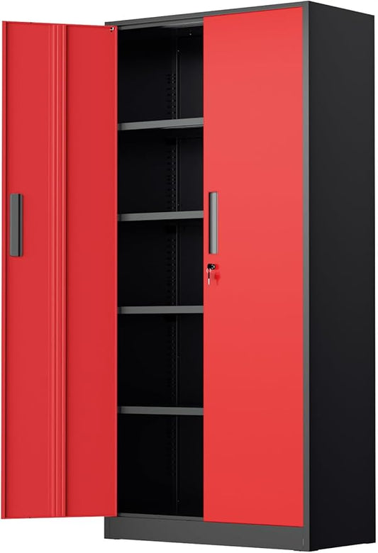INTERGREAT Garage Storage Cabinet with Lockable Door, 72" H Metal Locking Cabinets with 4 Adjustable Shelves,Black Red Steel Cabinets Storage for Home Office, Warehouse，School