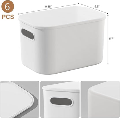 6 Pack White Storage Bins with Lids Stackable Storage Container for Organizing, Small Storage Boxes with Handle for Shelves, Cute Organizer Bins for Craft, Snacks, 9.85x6.9x5.7 inch