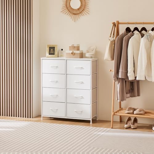 DUMOS Dresser for Bedroom with 8 Fabric Drawers, Tall Chest Organizer Units for Clothing, Closet, Kidsroom, Storage Tower with Cabinet, Metal Frame, Wooden Top, Lightweight Nursery Furniture, White