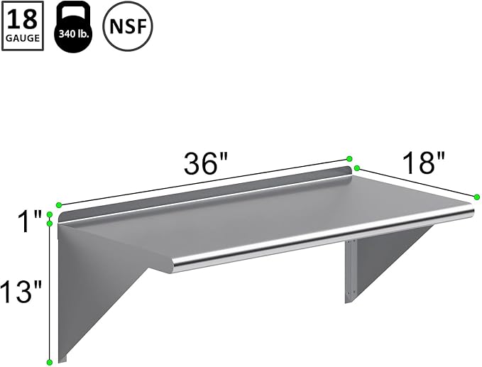 NSF Certified 18 Gauge Heavy Duty Stainless Steel Wall Shelf with Brackets for Kitchens, Utility Rooms, Storage, Offices & Home (36"x18")
