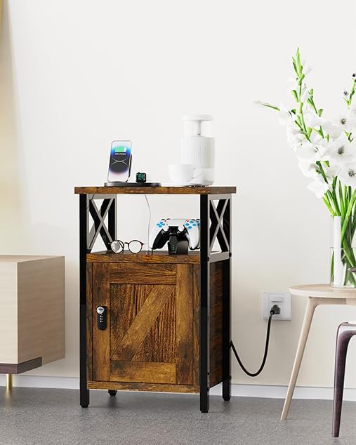 Wooden Nightstand with Lock, Bedside Table with Drawer, Bed Side Table with Charging Station, 3 USB & 2 Outlets, Night Stand with Storage Cabinet, End Table for Bedroom, Brown
