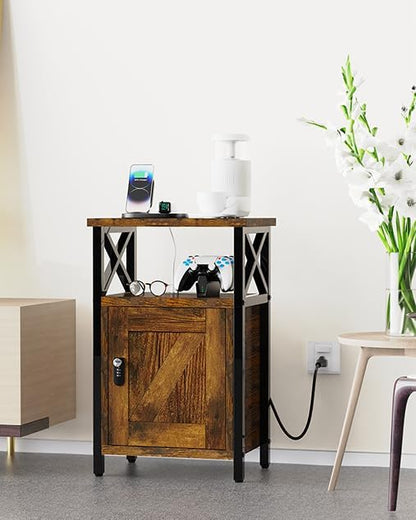 Wooden Nightstand with Lock, Bedside Table with Drawer, Bed Side Table with Charging Station, 3 USB & 2 Outlets, Night Stand with Storage Cabinet, End Table for Bedroom, Brown