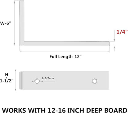 6-Pack 12 Inch Heavy Duty Shelf Brackets, Premium Floating L Bracket for Wall, Kitchen, Mantel Shelves Support | Quarter Inch (1/4") Thick | Black Powder Coated Steel