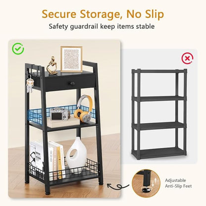 3-Tier Ladder Shelf with Drawer, Bathroom Table Stand for Small Space, Standing Bathroom Shelves with Storage for Living Room Kitchen Bedroom, Organizer Shelf, Black