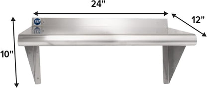 NSF Certified 18 Gauge Heavy Duty Stainless Steel Wall Shelf with Brackets for Kitchens, Utility Rooms, Storage, Offices & Home (24"x12")