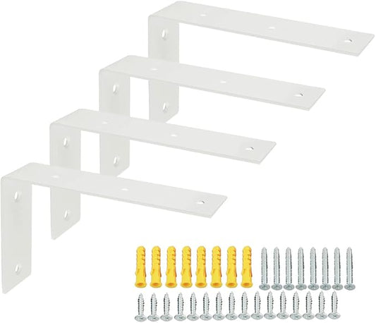 Alise Floating Shelf Brackets Heavy Duty L-Shaped Wall Brackets - White Angle Corner Braces for Shelves, Stainless Steel Reinforced Shelf Support Bracket for Wooden Boards 7x4.2 Inch,Pack of 4