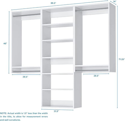 Modular Closets Vista Collection Closet Organizer System - 3 Piece Wall Mounted Kit with Hanging Rods & Shelves, White, Fits Closets 90” or wider