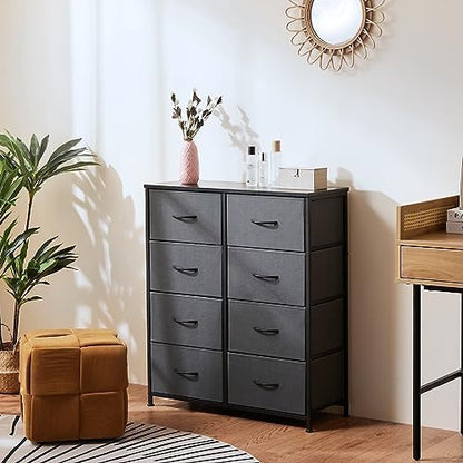 DUMOS 8 Drawer Dresser for Bedroom, Fabric Storage Organizer with Sturdy Metal Frame, Wooden Top Chest of Drawers for Closet Entryway Guest Room, Grey