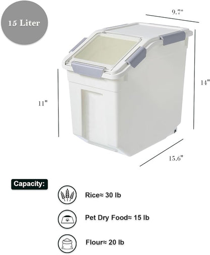 HANAMYA 15 Liter / 30 lbs Rice Storage Container with Measuring Cup, BPA free, For Rice | Grain | Pet Food | Flour, 2 count, White
