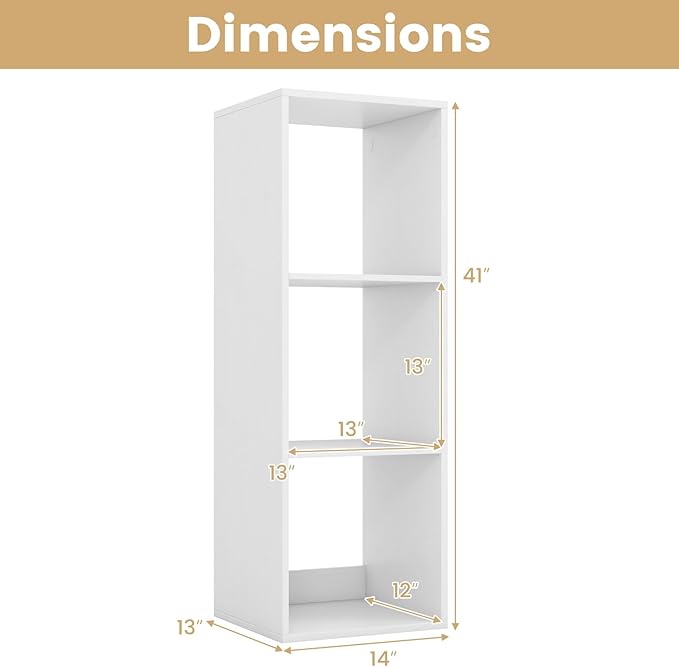 Giantex 3-Cube Bookcase, White Cubby Bookshelf w/Back Guardrail & Anti-Tipping Kits, 4-Tier Freestanding Storage Organizer with Shelves, Open Back Display Rack for Living Room, Bedroom, Study