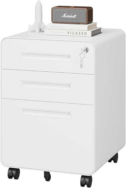 3 Drawer File Cabinet with Lock, Metal Under Desk Rolling Filing Cabinet fits Letter/Legal/A4 Size for Home Office,(Fully Assembled, White)