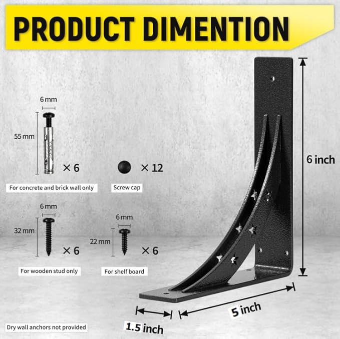 Heavy Duty Shelf Brackets，max Load 900 LBS,Premium Alloy Metal Mantel Brackets , (Set of 2) - Countertop Support Brackets (Black-Metallic Silver, 6 inch x 5 inch)