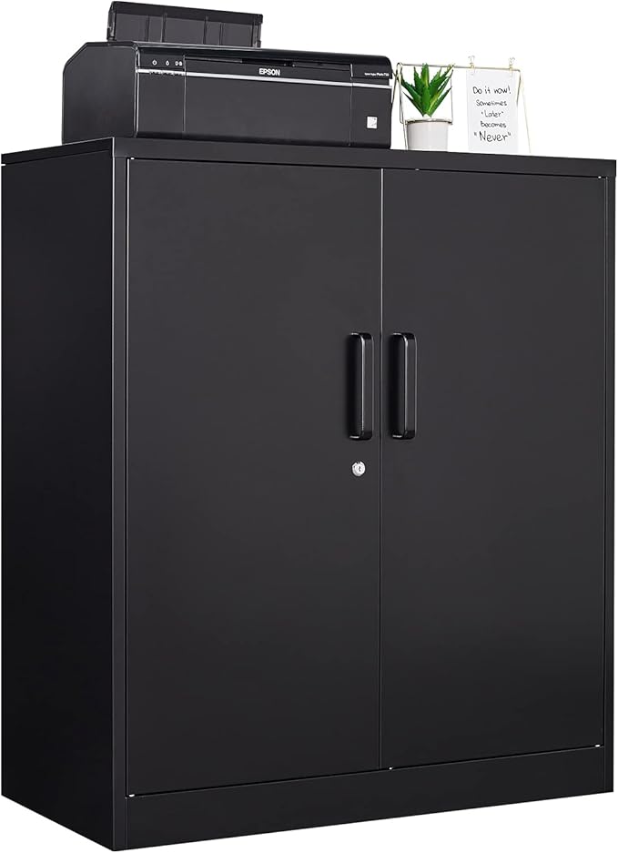 Metal Storage Cabinet with Lock, 36" Small Steel Locker Storage Cabinets, 2 Adjustable Shelves 2 Doors for Home, Office, Garage and Kitchen (Black)