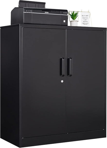 Metal Storage Cabinet with Lock, 36" Small Steel Locker Storage Cabinets, 2 Adjustable Shelves 2 Doors for Home, Office, Garage and Kitchen (Black)