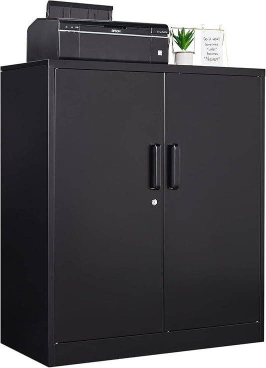 Metal Storage Cabinet with Lock, 36" Small Steel Locker Storage Cabinets, 2 Adjustable Shelves 2 Doors for Home, Office, Garage and Kitchen (Black)
