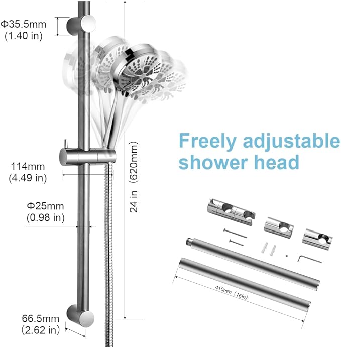 OFFO Shower Slide Bar 24 in Segmental Slide Bar Adjustable Installation Distance 18-24 in with 360° Adjustable Handheld Shower Head Holder for Bathroom, Screw Wall Mounted, Chrome Finish