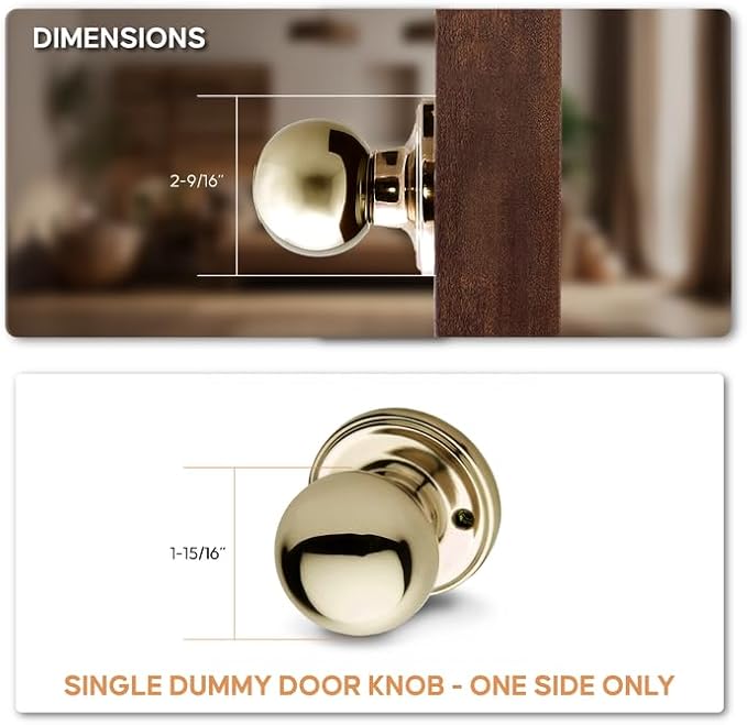 Copper Creek Dummy Interior Door Knob – ANSI Grade-3 Certified, Modern Heavy Duty Handle, Easy Install and Reversible for French Doors & Closets, Non Turning – Polished Brass (1 Pack)