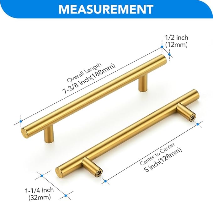 Brushed Brass Cabinet Handles 5 Inch Hole Spacing Stainless Steel Drawer Pulls for Cabinets, Dresser, Bathroom 10 Pack