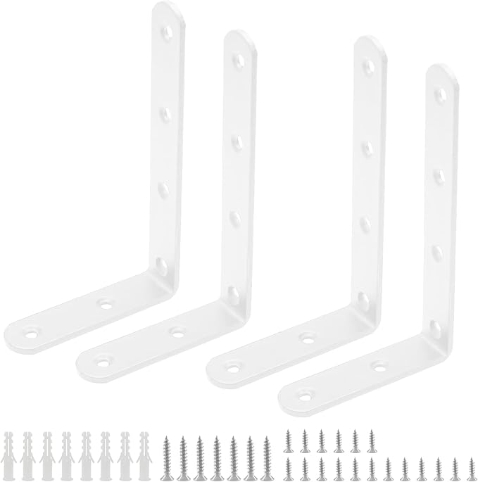Luomorgo 4 Pcs L Shaped Brackets for Shelves, Heavy Duty Stainless Steel, Decorative Corner Brace Joint Right Angle Brackets, 5 x 3 Inch, White