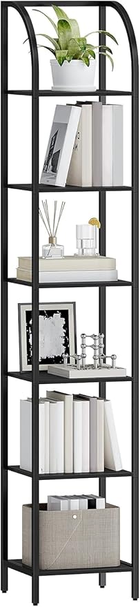 Bookshelf Narrow Bookcase, Tall Storage Rack with Steel Frame, Display Standing Shelf Unit, Skinny Book Shelf for Study Living Room Home Office, Industrial Style, 6-Tier Black BC56004B