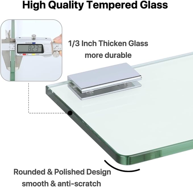 SAYAYO Glass Shelf for Bathroom 24 Inch, Thicken Tempered Floating Glass Shelves with Stainless Steel Brackets, 1 Pack, Clear