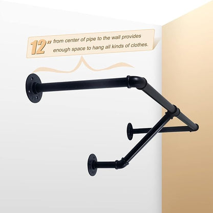 HouseAid 32 Inch Industrial Pipe Clothes Rack, Farmhouse Iron Garment Rack, Vintage Style Hanging Rod for Closet, Wall Mounted, Matte Black (Hooks Included)
