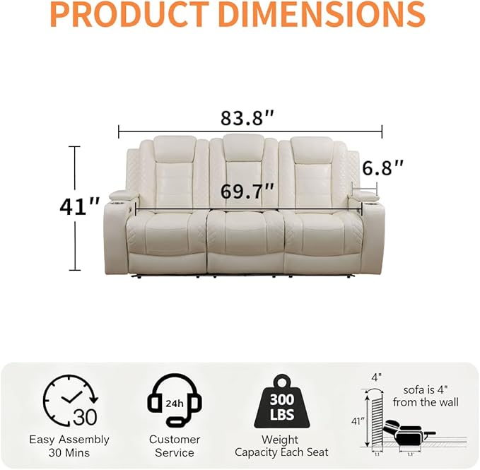 3 Seat Recliner Sofa for Living Room,Living Room Furniture Sets Recling Couch with LED,Soft Creamy White Leather Power Reclining Sofa with Cup Holders,Storage,Breathing Leather for Home/Office
