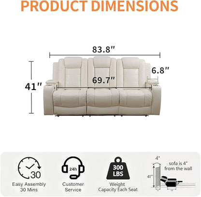 3 Seat Recliner Sofa for Living Room,Living Room Furniture Sets Recling Couch with LED,Soft Creamy White Leather Power Reclining Sofa with Cup Holders,Storage,Breathing Leather for Home/Office
