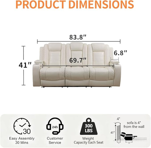 3 Seat Recliner Sofa for Living Room,Living Room Furniture Sets Recling Couch with LED,Soft Creamy White Leather Power Reclining Sofa with Cup Holders,Storage,Breathing Leather for Home/Office