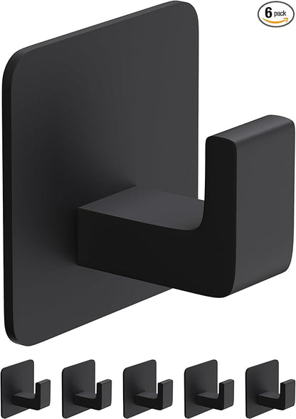 Square Self Adhesive Towel Hooks - 6 Pack Matte Black Metal Hooks, Right-Angle Design for Towels, Robes & Hats, Organize Bathroom, Kitchen, Entryway, Doors, Cabinets on Smooth Surfaces