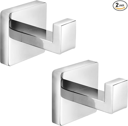 Heavy Duty Stainless Steel Towel Hooks, Wall Mounted Square Robe Hooks for Bathroom, Kitchen, Bedroom, Hotel Chrome Polished 2 Pack