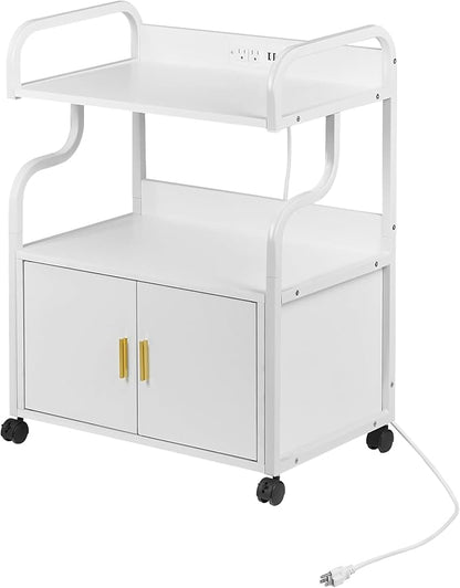 VECELO Large Printer Stand with Power Outlet, 3-Tier Rolling File Cabinet with Lockable Wheels, Heavy Duty Utility Table for Home Office, 18.9"x23.6"x30.2", White