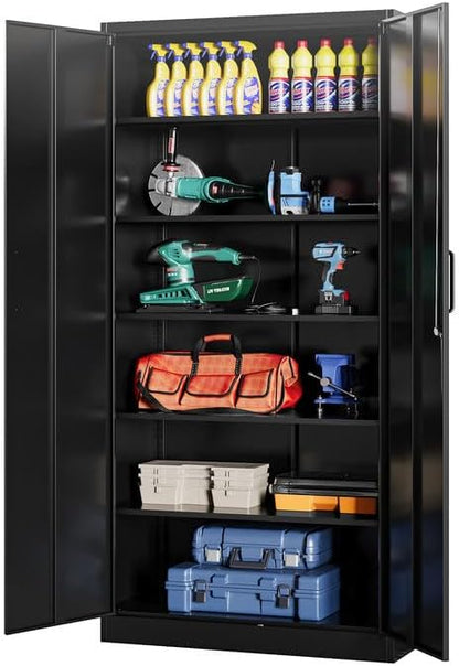 Metal Garage Cabinets, 72" Tall Locking Storage Cabinet with 2 Doors and 5 Adjustable Shelves, Steel Utility Tool Caninet, Black Lockable Outdoor Storage Cabnet for Pantry, Garage, Home Office