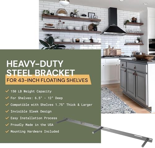 Floating Shelf Bracket 2 Pack - 43” Hidden Shelf Brackets, 150 LB Weight Capacity, Supports Wall Mounted Floating Shelves of Any Length, 3/4 Inch Industrial Solid Steel Support Rods Walnut Wood Works