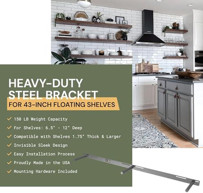 Floating Shelf Bracket 2 Pack - 43” Hidden Shelf Brackets, 150 LB Weight Capacity, Supports Wall Mounted Floating Shelves of Any Length, 3/4 Inch Industrial Solid Steel Support Rods Walnut Wood Works