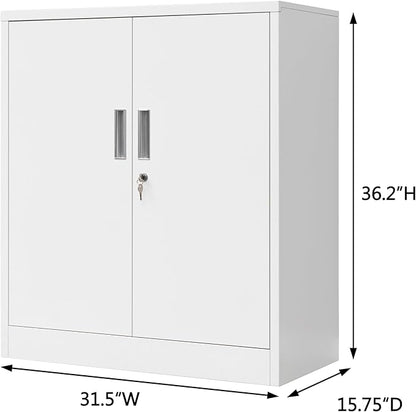 Metal Storage Cabinet, 36" H Locking Storage Cabinet with 2 Adjustable Shelves for Garage, Home, Office, Utility Room-White