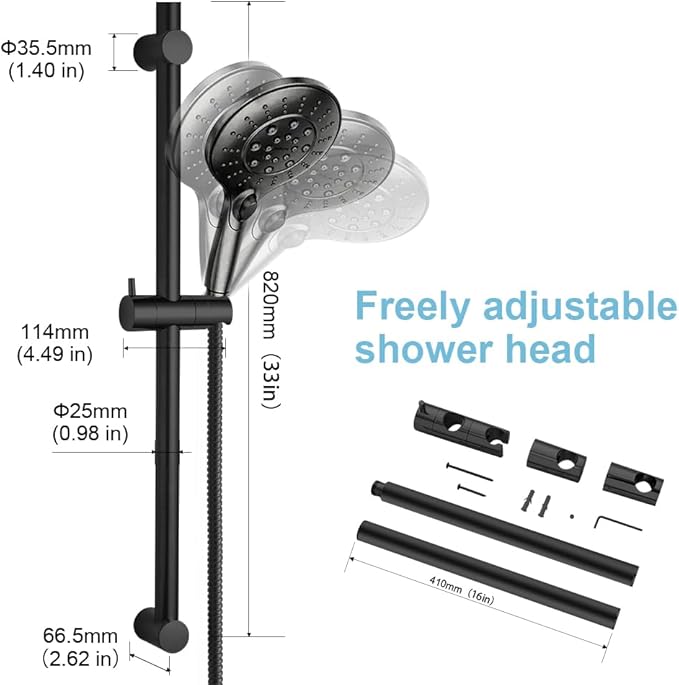 OFFO Shower Slide Bar 33 in Segmental Slide Bar Adjustable Installation Distance 20-32 in with 360° Adjustable Handheld Shower Head Holder for Bathroom, Screw Wall Mounted, Matte Black (Pack of 2)