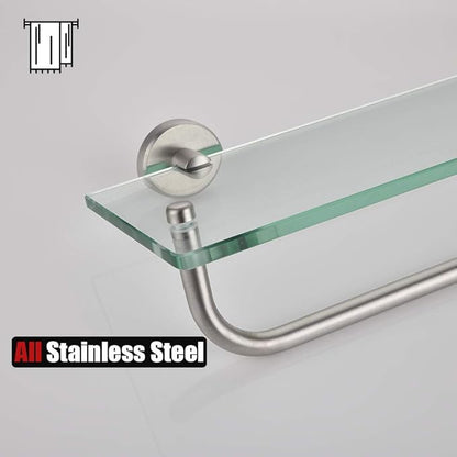 JQK Bathroom Glass Shelf, Shelf with 15 Inch Towel Bar Tempered Glass Shower Storage 16 by 5 inches, 304 Stainless Steel Brushed Finish Wall Mount, TGS100-BN