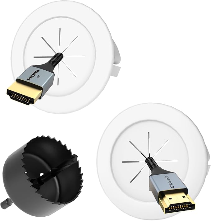 VCELINK in-Wall Cable Management Kit, 2.44" (62 mm) Mini Wall Cord Hider for TV/Coaxial/HDMI/Speaker Cords, Includes 2 Pass Throughs, Locking Brackets and Hole Saw Drill Attachment