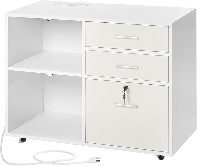 VEVOR 3 Drawer Wooden File Cabinet, Mobile Filing Cabinet with Light Strip, Lockable Rolling File Storage with Adjustable Shelves & 5 Wheels, Free Standing Printer Stand for Home Office School, White