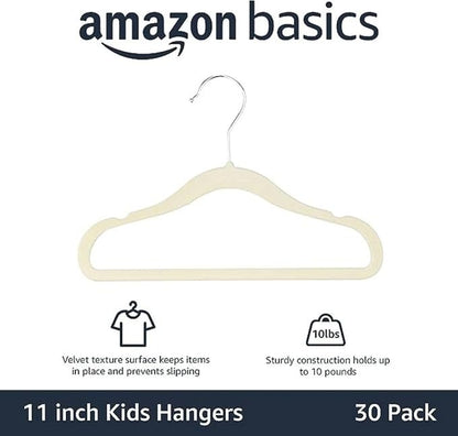 Amazon Basics Kids Velvet, Non-Slip Clothes Hangers (Baby/Toddler), 11.6 inches (for Baby Clothes), Pack of 30, Beige