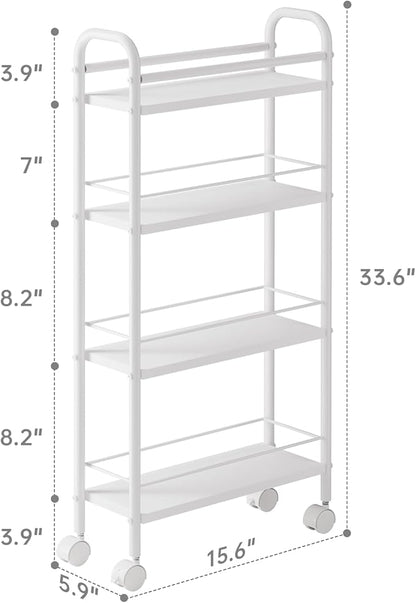 Slim Storage Cart, 4-Tier Small Rolling Cart with Wheels, 5.9" Deep, Narrow Bathroom Shelf Trolley for Kitchen, Bathroom, Laundry Room, White Standard 4-Tier (5.9" W x 33.6" H)