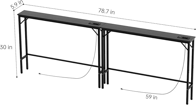 Aduanbang 78.7 inch Narrow Console Table with Outlet, Sofa Table Set of 2, Behind Couch Table, Long Entryway Tables with Charging Station, for Living Room, Rustic Brown