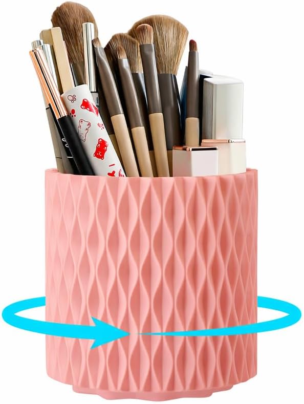 360° Rotating Makeup Brush Holder, 5-Slot Cosmetic Organizer Cup for Vanity, Desk & Bathroom Countertop, Pink
