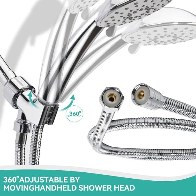 Adjustable Handheld Shower Head Holder and Hose- Premium ABS Bracket- 360 Degree Rotatable Brass Ball：Arm Mount and Hose Connector- Easy Install and Replacement Parts(Chrome Holder and Hose)