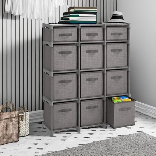 12 Cube Storage Organizer - Gray Cube Shelf Organizer, DIY Storage Cubes Organizer Shelves with Fabric Storage Cubes, Sturdy Cubbies Storage Shelves, Cube Storage Shelf for Bedroom, Playroom and More