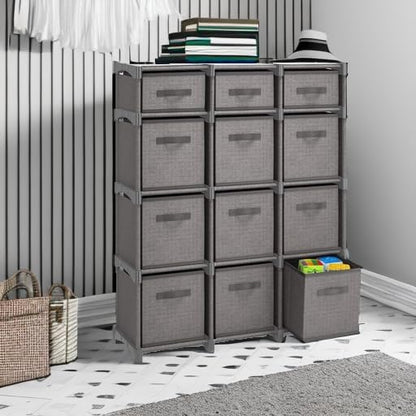 12 Cube Storage Organizer - Gray Cube Shelf Organizer, DIY Storage Cubes Organizer Shelves with Fabric Storage Cubes, Sturdy Cubbies Storage Shelves, Cube Storage Shelf for Bedroom, Playroom and More